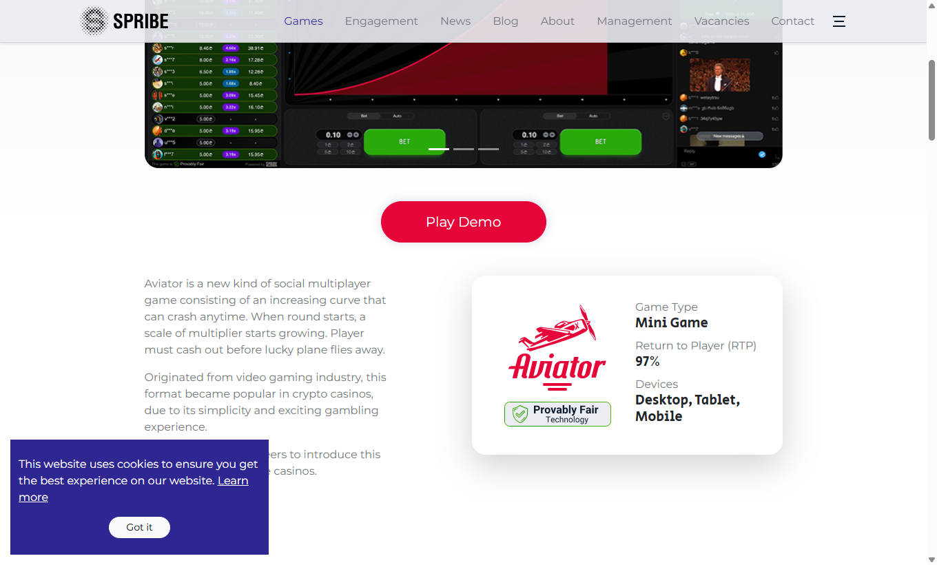 Official Aviator game interface by SPRIBE